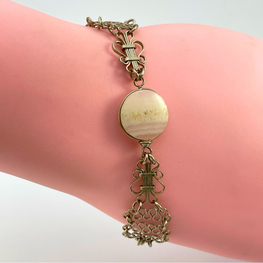 Vintage Alpaca Silver Bracelet with Mother of Pearl Inlay and Filigree Detail